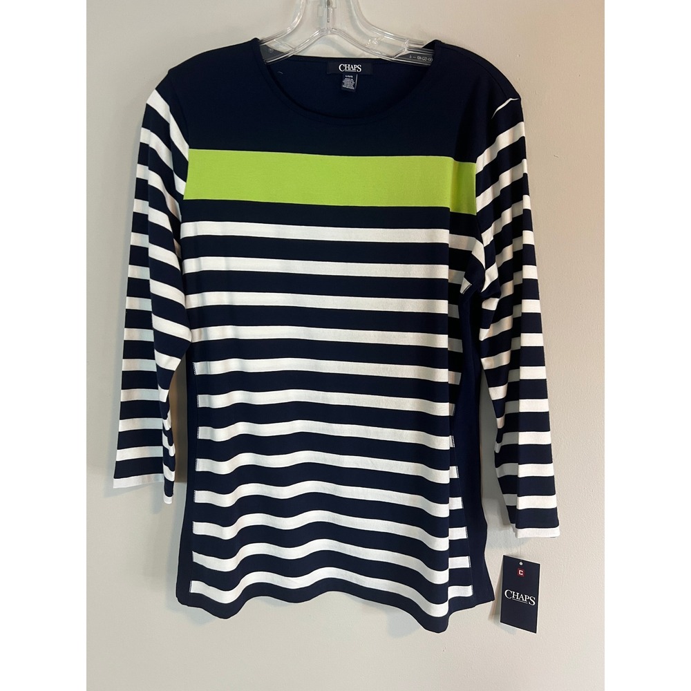 Chaps Womens Navy White Striped Long Sleeve Top Lime Green Accent Size L NWT
